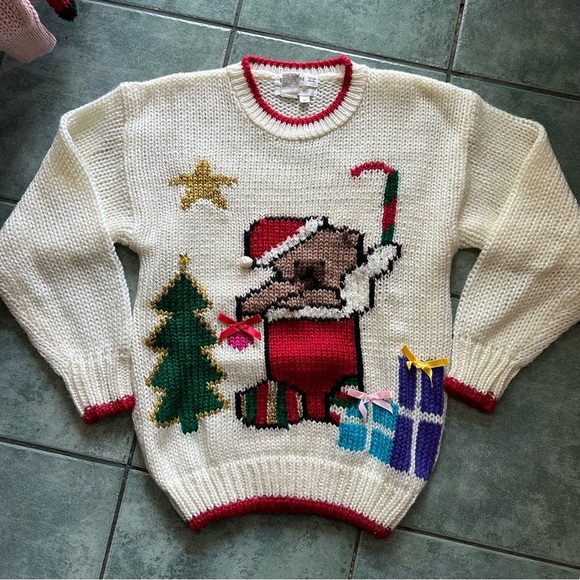 VTG 80s Retro Chunky Knit Christmas Teddy Bear Sweater - Picture 1 of 6